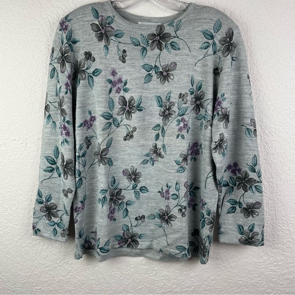 Vintage 90s Alfred Dunner Longsleeve Floral Sweater Top with Beads Size Small - Picture 3 of 12